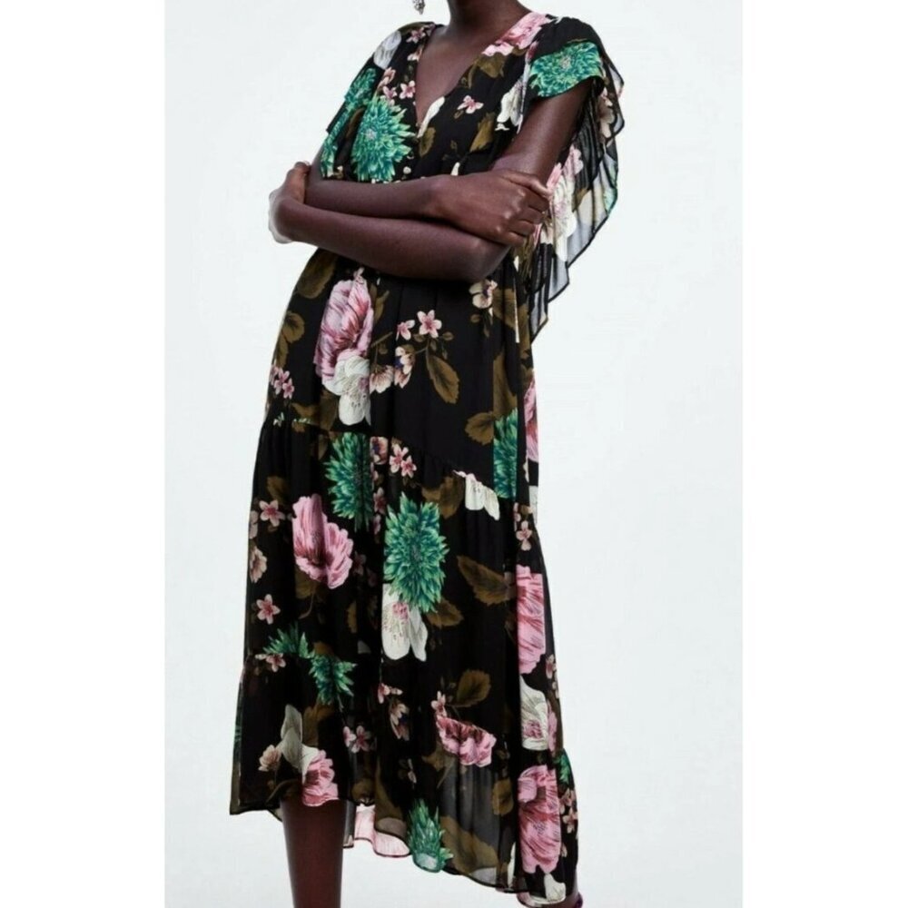 ZARA LOOSE-FITTING V-NECK RUFFLED FLORAL PRINT DRESS Size XS-S